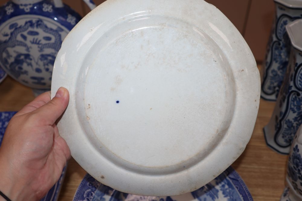 A quantity of blue and white ceramics including Delft, Spode and Chinese